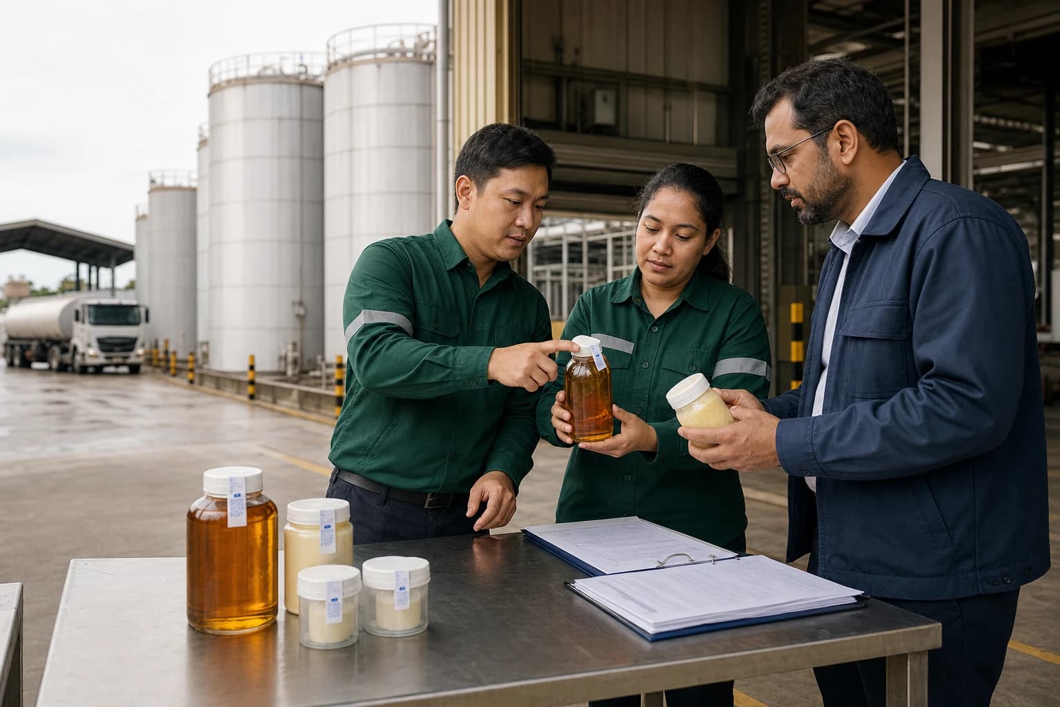 Buyer and refinery specialists reviewing palm oil samples and shipment documentation