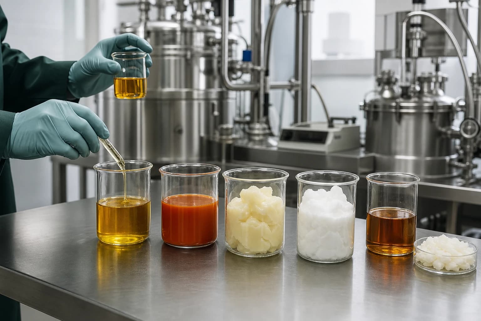 Palm-derived liquid and solid samples being evaluated for a custom formulation