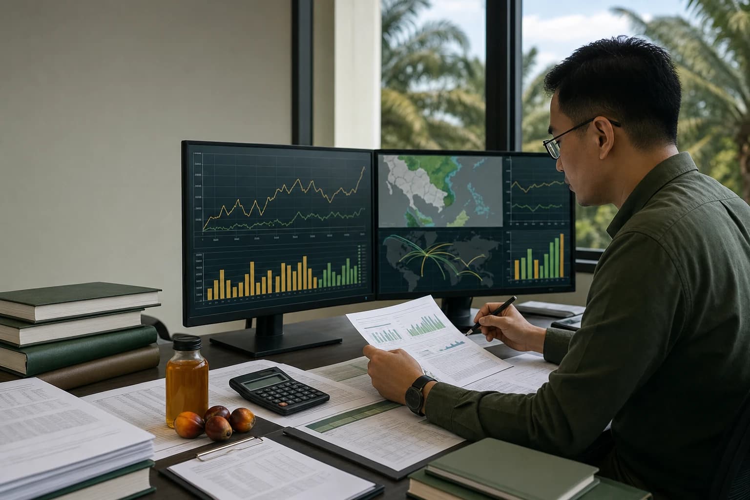 Palm oil sourcing specialist comparing market data, origins and trade routes