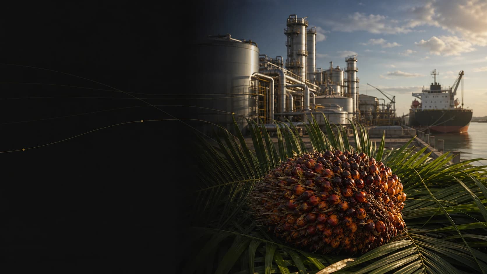 Palm fruit beside a refinery and export vessel, representing an integrated palm oil sourcing network